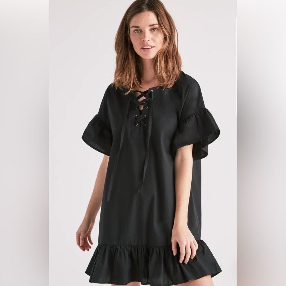 NWT Lucky Brand Lace Up Ruffle Hem Mini Swing Dress SZ M Black